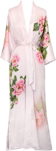 KIM+ONO Women's Charmeuse Kimono Robe Long - Coral Chrysanthemum - Black in Saudi Arabia
