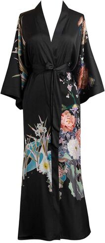 KIM+ONO Women's Charmeuse Kimono Robe Long - Coral Chrysanthemum - Black in Saudi Arabia