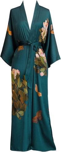 KIM+ONO Women's Charmeuse Kimono Robe Long - Coral Chrysanthemum - Black in Saudi Arabia