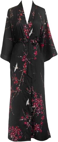 KIM+ONO Women's Charmeuse Kimono Robe Long - Coral Chrysanthemum - Black in Saudi Arabia