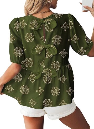 BLENCOT المرأة بيبي دول بيبلوم بلايز بوهو نفخة قصيرة الأكمام Bowknot الظهر قمصان لطيف الصيف البلوزات in Kuwait