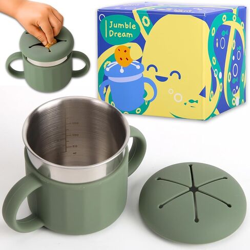 Jumble Dream Stainless Steel Baby Snack Cup for Toddlers Kids – Spill-Proof Silicone Snack Container – BPA-Free Non-Toxic Dishwasher Safe Food-Grade Stainless Steel for Baby Snacks 6m+ to 3+ Years in Kuwait