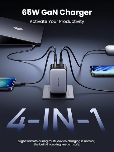 حزمة شاحن حائط UGREEN 65 وات 4 منافذ GaN USB C مع كابل USB C بقوة 100 وات 3.3 قدم متوافق مع iPhone 17/17 Pro/17 Pro Max وMacBook Pro/Air وGalaxy S25/S24 وiPad Pro/Air وPixel 10 in Saudi Arabia
