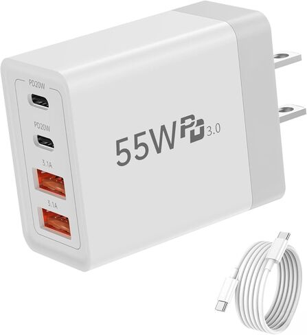 شاحن حائط USB C، 55 وات 4 منافذ USB C سريع، منفذ مزدوج QC 3.1A + PD 20 وات محول طاقة متعدد المنافذ من النوع C كابل شحن لآيفون 17 16 15 14 13 12 11 Pro Max XR XS 8، سامسونج، الأجهزة اللوحية in Saudi Arabia