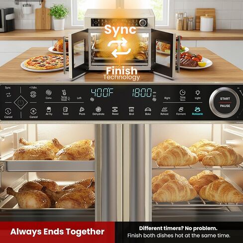 Magic Mill Ultra-Premium Dual-Zone Stainless Steel Air Fryer Toaster Oven Combo, Extra Large 32QT French Door Convection Oven with Next-Gen Patent Technology, 13 Accessories, Rotisserie, Sync Finish in Saudi Arabia
