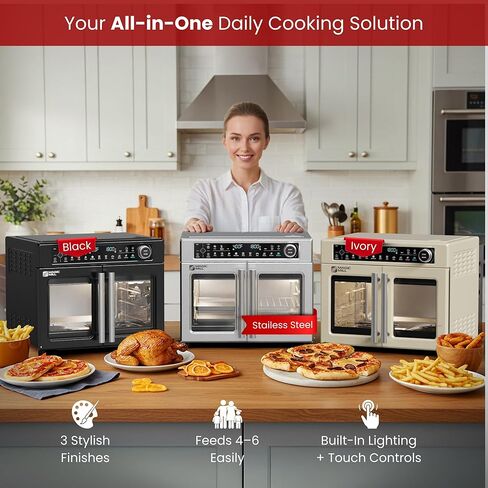 Magic Mill Ultra-Premium Dual-Zone Stainless Steel Air Fryer Toaster Oven Combo, Extra Large 32QT French Door Convection Oven with Next-Gen Patent Technology, 13 Accessories, Rotisserie, Sync Finish in Saudi Arabia