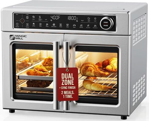 Magic Mill Ultra-Premium Dual-Zone Stainless Steel Air Fryer Toaster Oven Combo, Extra Large 32QT French Door Convection Oven with Next-Gen Patent Technology, 13 Accessories, Rotisserie, Sync Finish in Saudi Arabia