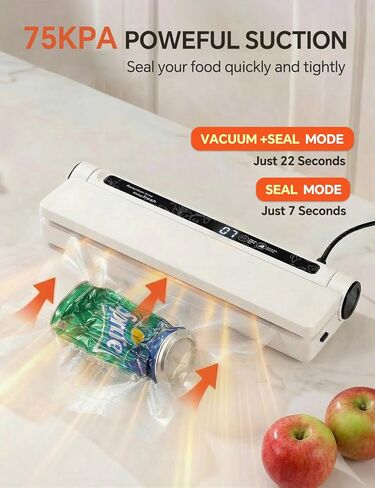 ماكينة غلق مكنسة كهربائية 75 كيلو باسكال للطعام، ماكينة غلق مكنسة كهربائية لحفظ الطعام، خفيفة الوزن، 20 كيس غلق مفرغ، مؤقت العد التنازلي الرقمي، تخزين طعام اللحوم، أدوات المطبخ المنزلية، الأجهزة in Kuwait