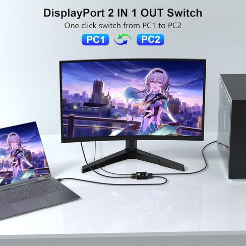 محول Displayport 2 في 1 مخرج، 8K@60 هرتز، 4K@120 هرتز، الدقة DP 1.4 صندوق محدد محول DisplayPort، دعم DSC، محول منفذ العرض متوافق مع الكمبيوتر الشخصي، الكمبيوتر المحمول، الشاشة، الألعاب، التلفزيون، NVIDIA، AMD in Kuwait