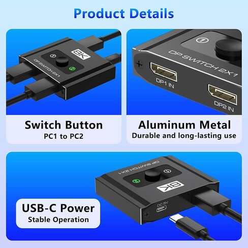 محول Displayport 2 في 1 مخرج، 8K@60 هرتز، 4K@120 هرتز، الدقة DP 1.4 صندوق محدد محول DisplayPort، دعم DSC، محول منفذ العرض متوافق مع الكمبيوتر الشخصي، الكمبيوتر المحمول، الشاشة، الألعاب، التلفزيون، NVIDIA، AMD in Kuwait