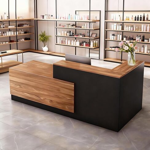 Modern Reception Desk Front Desk Reception Counter Receptionist Room Tables Checkout Lockable Drawers Storage Cabinet for Salon Office Hotel Black Wood Right 79inch/200cm in Saudi Arabia