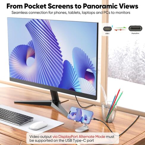 USB C to DisplayPort Cable 10ft Long, DP 1.4 8K@60Hz 4K@120Hz 2K@180Hz 1080P@360Hz Monitor Thunderbolt 3/4/5 to Display Port Cord for iPhone 15/16/17 iPad MacBook Air/Pro to Monior in Saudi Arabia