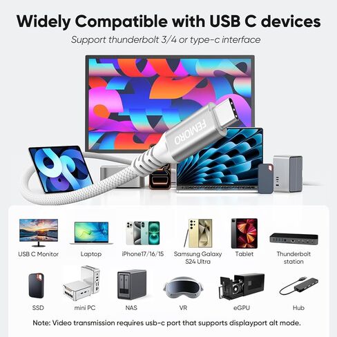 كابل Thunderbolt 4 بطول 6 أقدام، يدعم سلك USB 4 شاشة فيديو 8K@60 هرتز، نقل بيانات 40 جيجابت في الثانية، شحن سريع 240 وات، USB4 نوع C لجهاز Mac Mini iMac MacBook Pro/Air iPad iPhone 17/16/15 شاشة محطة قاعدة الإرساء in Kuwait