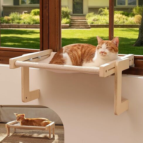 FUKUMARU Cat Window Perch, Transformable Cat Hammock with Fluffy Cushion for Windowsill and Floor, Cats Window Bed for Large Cats and Kittens, Reinforced Wood and Metal Frame, Easy to Adjust Pet Pech in Saudi Arabia