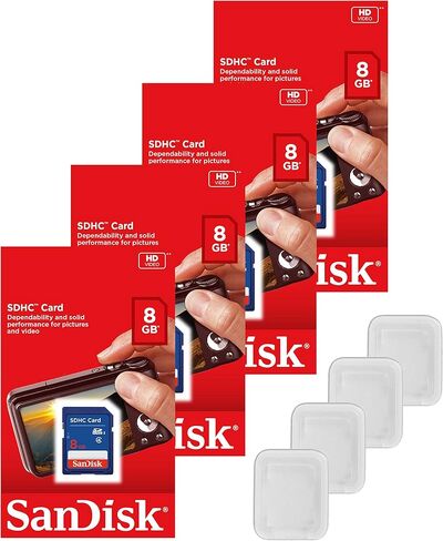 مجموعة من 4 بطاقات ذاكرة فلاش SanDisk سعة 8 جيجابايت SD SDHC فئة 4 SDSDB-008G-B35 + (4 حافظات مجوهرات) in Saudi Arabia