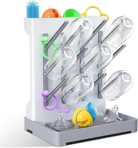 Baby Bottle Drying Rack: Vertical Space Saving Large Bottles Holder - Standing Boon Dryer Rack Baby Accessory - Countertop Holds Up to 12 Bottles & Pump Part Cleaning & Cup (Blue) (Gray) in Saudi Arabia