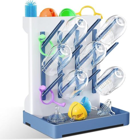 Baby Bottle Drying Rack: Vertical Space Saving Large Bottles Holder - Standing Boon Dryer Rack Baby Accessory - Countertop Holds Up to 12 Bottles & Pump Part Cleaning & Cup (Blue) (Gray) in Saudi Arabia