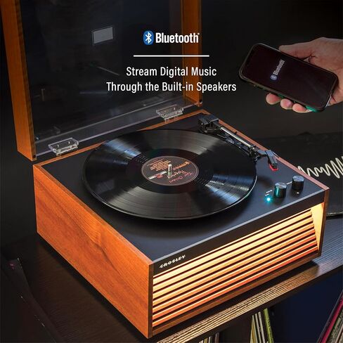 Crosley CR6237AFT-NA Dean 3-Speed Bluetooth in/Out Vinyl Record Player Turntable with Built-in Speakers, LED Lights and Detachable Legs, Natural in Saudi Arabia