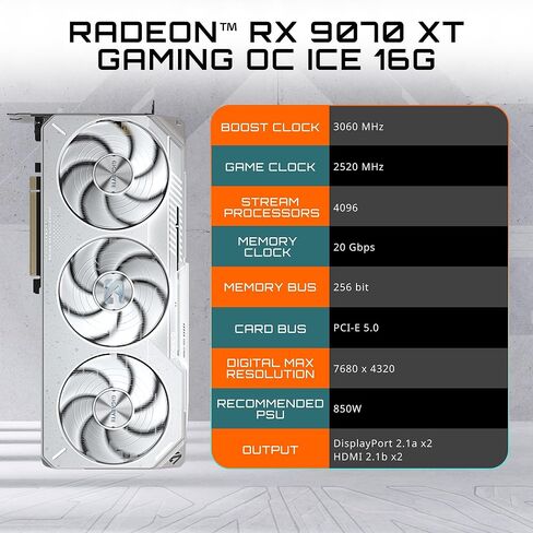 بطاقة رسومات GIGABYTE Radeon™ RX 9070 XT Gaming OC ICE 16G (16 جيجابايت GDDR6، 256 بت، PCIe 5.0، HDMI/DP 2.1، فتحة 2.7، مروحة هوك، جل حراري من فئة الخادم، هيكل معزز) in Kuwait