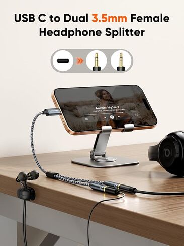 CableCreation USB C إلى مقسم سماعة رأس أنثى مزدوج 3.5 مم (1FT)، محول سماعة رأس من النوع C إلى مزدوج 3.5 مم أنثى متوافق مع iPhone 17/16/15 Pro Max وGalaxy S24 S23 وPixel4/3 in Kuwait