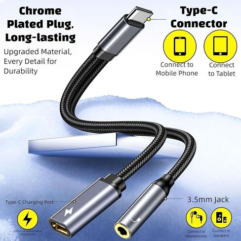 USB C to 3.5mm Audio Adapter, DAC Audio Converter and 60W PD Fast Charge，2-in1 Headphone Jack for iPhone 15/15 Pro, iPad Pro, Samsung Galaxy, Gaming, Car Aux​ in Saudi Arabia