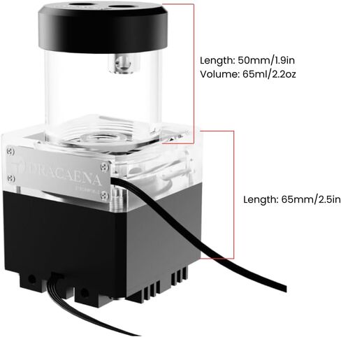 dracaena.io High Flow 650L/H PC Water Pump Combo with Colorful LED and 65ml 50mm (1.9in) Reservoir – 12W, 0.7A, 65mm x 65mm x 115mm (2.6 x 2.6 x 4.5in), Black in Saudi Arabia