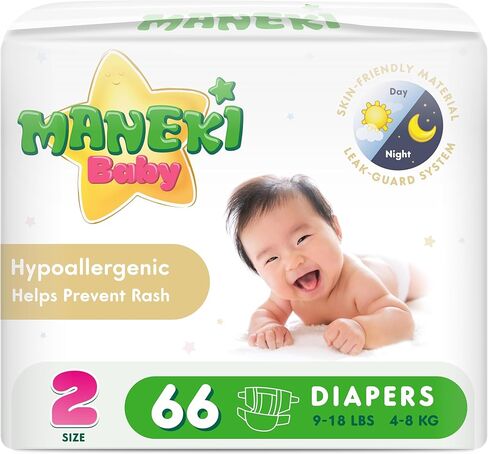 MANEKI Baby Diapers Size 3 (12–24 lbs), 58 Count, Super-Soft, Ultra-Thin & Highly Absorbent, Hypoallergenic, Fragrance-Free for Sensitive Skin, Breathable, Day & Night Leak Protection (Pack May Vary) in Saudi Arabia