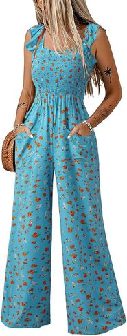 Dokotoo Floral Jumpsuits for Women 2026 Summer Floral Ruffle Sleeves Square Neck Rompers with Pockets in Saudi Arabia