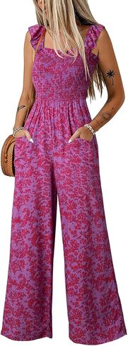 Dokotoo Floral Jumpsuits for Women 2026 Summer Floral Ruffle Sleeves Square Neck Rompers with Pockets in Saudi Arabia