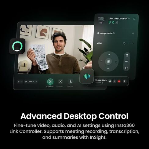 كاميرا ويب Insta360 Link 2 PRO- PTZ 4K لأجهزة الكمبيوتر/Mac 1/1.3 بوصة، مستشعر تتبع الذكاء الاصطناعي، التحكم في الإيماءات، HDR، ميكروفونات إلغاء الضوضاء الاتجاهية، البث المباشر، الألعاب، كاميرا فيديو تعمل مع التكبير، الفرق، Twitch in Kuwait