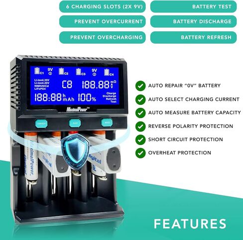 MaximalPower Universal Smart Battery Charger with Smart LCD Display for Rechargeable 9V AA AAA C D 26650 Batteries Li-ion Ni-MH - 6 Bays of 2X 9V Battery Bays and 4X Universal Bays (1) in Saudi Arabia