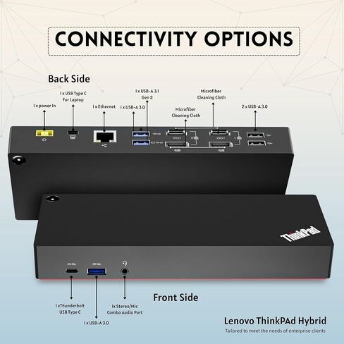 محطة إرساء Lenovo 40AF0135US Thinkpad ذات الشاشة المزدوجة الهجين USB-C مع USB-A | يأتي مع كابلات 135 وات، HDMI، DP، USB C إلى A in Kuwait