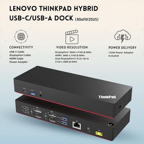 محطة إرساء Lenovo 40AF0135US Thinkpad ذات الشاشة المزدوجة الهجين USB-C مع USB-A | يأتي مع كابلات 135 وات، HDMI، DP، USB C إلى A in Kuwait