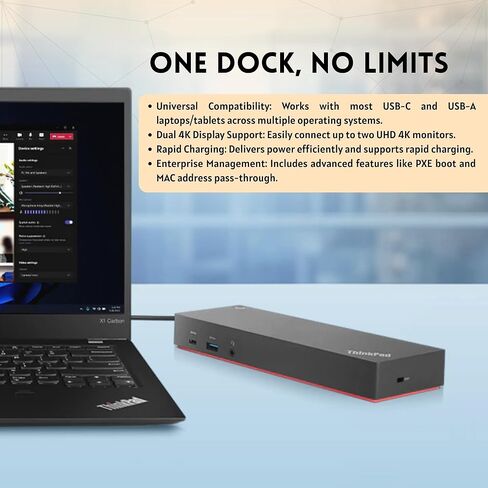محطة إرساء Lenovo 40AF0135US Thinkpad ذات الشاشة المزدوجة الهجين USB-C مع USB-A | يأتي مع كابلات 135 وات، HDMI، DP، USB C إلى A in Kuwait