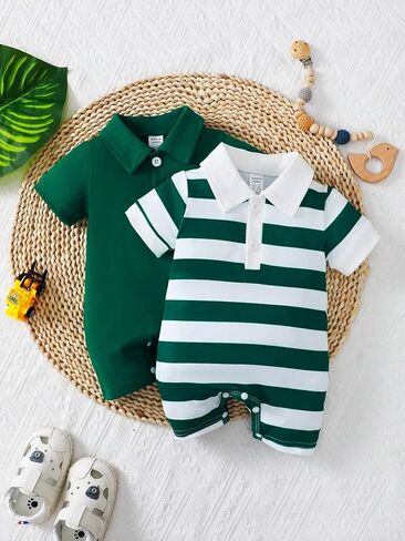 Baby Boy Romper 2 Pack Short Sleeve Polo Style Infant Outfit Solid Green and Stripe One-Piece Baby Outfit in Saudi Arabia
