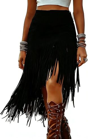 Women Fringe Skirts, Asymmetric Fringe Western Faux Suede Tassel Skirt Cowlgirl Short Skirts Boho Chic Bodycon Trim Skirt in Saudi Arabia