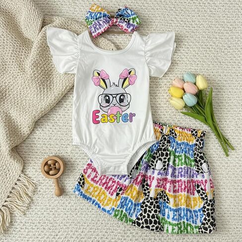 3Pcs Baby Girl Cute Outfit Flutter Sleeve Graphic Onesie and Colorful Skirt Headband Set Infant Holiday Clothing Set in Saudi Arabia