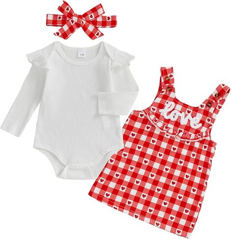 Valentines Day Baby Girl Outfit Heart Love Embroidery Ruffled Romper Top Plaid Overall Dress Headband Set in Saudi Arabia