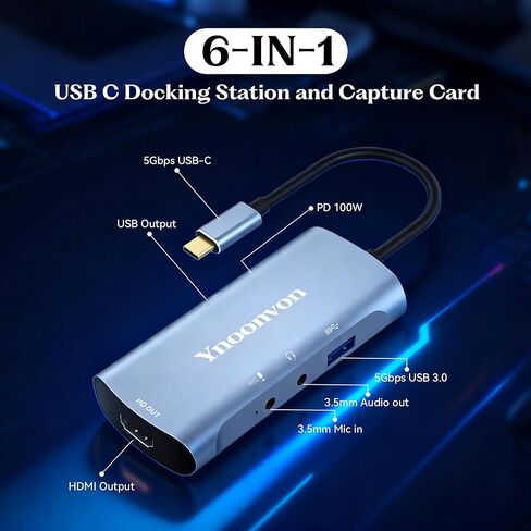 6-in-1 USB-C Video Capture Card with Docking Station, 4K HDMI Output, 1080P Recording, USB 3.0, PD 60W Charging, 3.5mm Audio, Microphone Input in Saudi Arabia