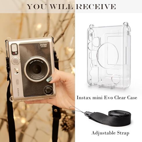 Rieibi Clear Protective Case and Lens Cap for Fujifilm Instax Mini Evo Instant Camera - Hard Carrying Case Cover with Shoulder Strap and Lens Cover- Grey in Saudi Arabia