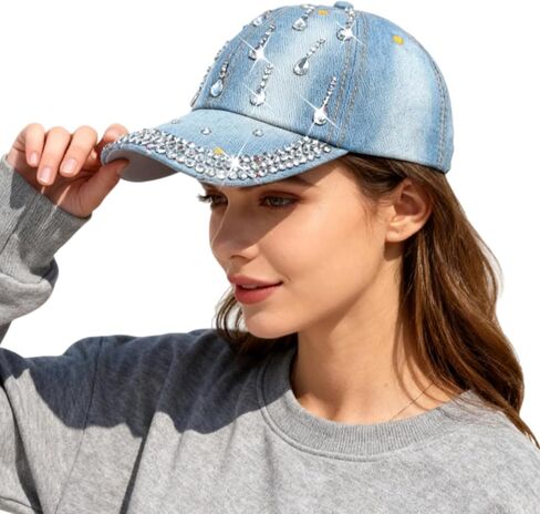 Bling Denim Baseball Cap for Women Jean Hip Hop Rhinestone Hat Jersey Shore Hat Adjustable in Saudi Arabia