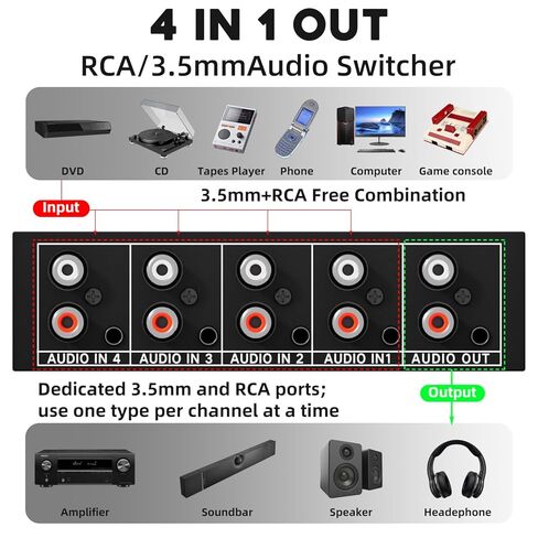 4 قنوات 3.5 ملم Aux + RCA L/R صندوق محول الصوت 4 في 1 خارج/ 1 في 4 خارج ثنائي الاتجاه، 4 في 1 خارج A/B محدد محول الصوت التناظري لا حاجة للطاقة in Saudi Arabia
