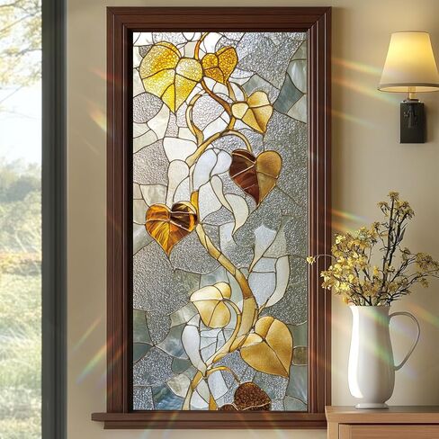 Stained Glass Style Leaf Window Film Window Privacy Film Stained Decals Static Cling Sun Blocking Decor for Home Office Windows Doors Glass Partitions 17.7x39.3 inch in Saudi Arabia