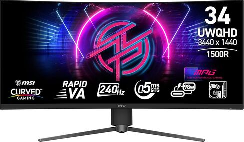 شاشة ألعاب msi MPG 346CQRF X24 مقاس 34 بوصة 3440 × 1440 (UWQHD)، 240 هرتز، مزامنة متكيفة، جاهزية HDR، HDMI، منفذ VGA، قابل للتركيب، قابل للإمالة، إطار نحيف من 4 جوانب، 0.5 مللي ثانية، أسود in Saudi Arabia