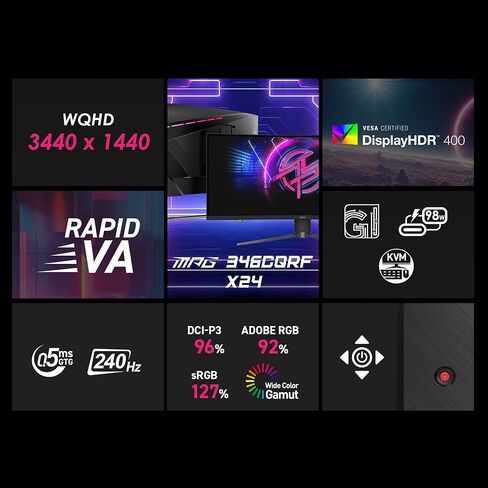 شاشة ألعاب msi MPG 346CQRF X24 مقاس 34 بوصة 3440 × 1440 (UWQHD)، 240 هرتز، مزامنة متكيفة، جاهزية HDR، HDMI، منفذ VGA، قابل للتركيب، قابل للإمالة، إطار نحيف من 4 جوانب، 0.5 مللي ثانية، أسود in Saudi Arabia