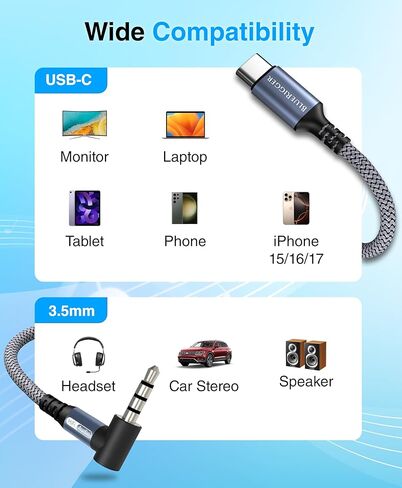 كابل صوت BlueRigger 90D USB C إلى 3.5 مم - 6FT (ذكر AUX إلى USBC، سلك AUX من النوع C، كابل USB-C إلى مقبس سماعة الرأس 90 درجة، زاوية قائمة من النوع C إلى 1/8) - متوافق مع الهاتف والكمبيوتر اللوحي والكمبيوتر المحمول in Saudi Arabia