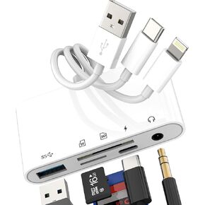 محور قارئ بطاقة SD USB C Lightning USB إلى OTG 3.5 مم Aux Charger TF محول (5 في 1) لهاتف iPhone 17 16 15 14 13 Pro Max Splitter Camera Computer Android ملحقات شحن الصوت المتوافقة مع Samsung in Kuwait