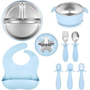 Stainless Steel Kids Plates And Bowls with Suction, Divided Baby Plate And Kid Bowl With Removable, Silicone Baby Plate Feeding Set, Non Toxic & BPA Free (Blue) in Kuwait