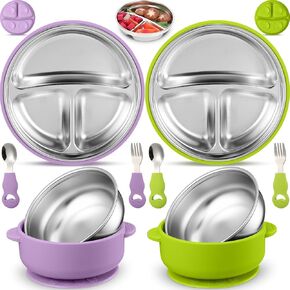 Nuogo 8 Pcs 304 Stainless Steel Kids Bowl Forks Spoons Set 2-in-1 Divided Stainless Steel Toddler Plate with Removable Silicone Baby Suction Plates for Led Weaning Dishwasher Safe in Kuwait