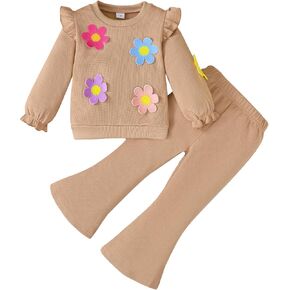 ملابس للفتيات الصغيرات ملابس وافل على شكل زهور كروشيه ثلاثية الأبعاد وبنطلون متوهج ملابس خريف وشتاء للفتيات الصغيرات in Kuwait